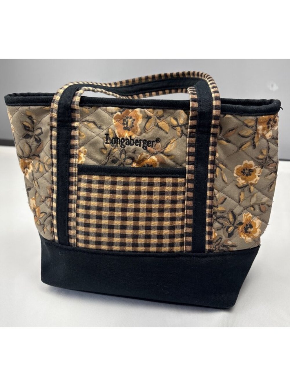 Longaberger Quilted Floral Mini Tote Bag Tan/Black Gingham Handbag